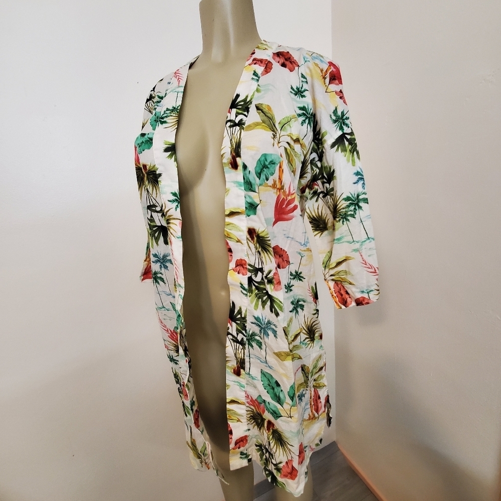 The Lazy Poet S/M Open Front Robe Palm Floral Midi Pockets -Missing Tie Belt